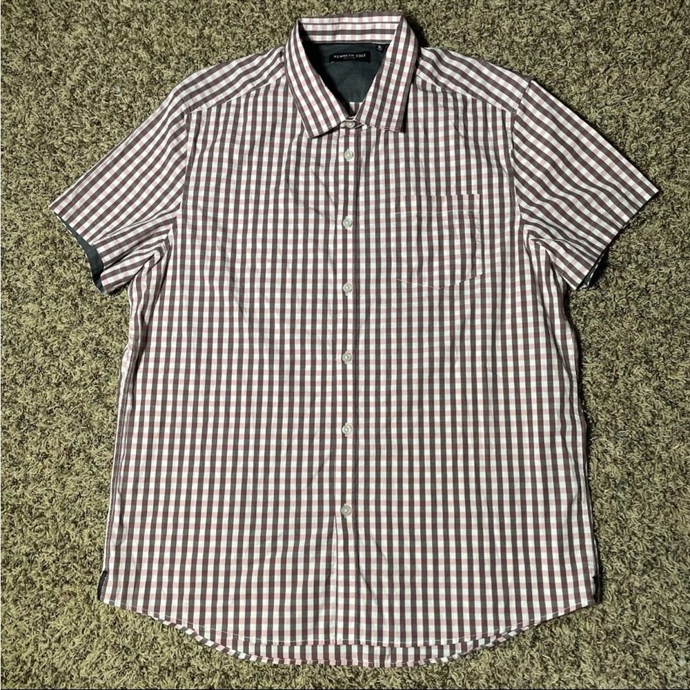 Kenneth Cole Men’s Short Sleeved Button Up Shirt Size XL Pink Gingham Plaid